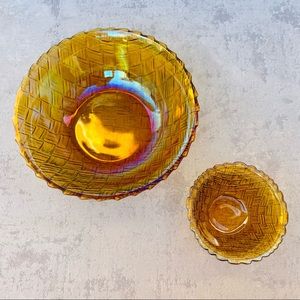 Vintage Marigold Iridescent Indiana Carnival Glass Bowls Basket Weave Pattern